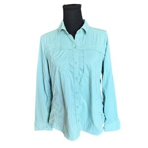 REI Co-op Women’s M Teal Hiking Fishing Button Up Shirt UPF Vent T5